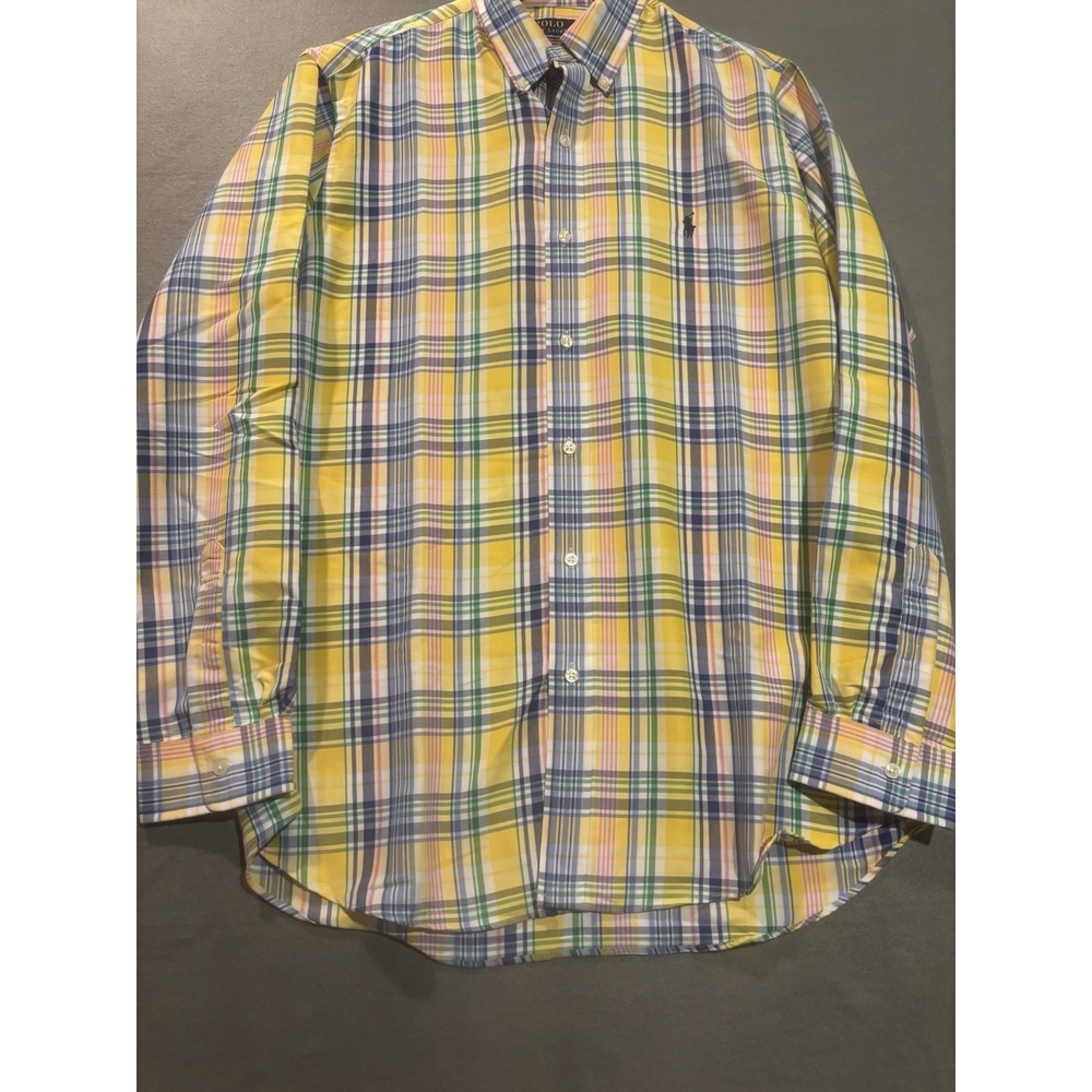 Polo Ralph Lauren Men's Large Yellow Multi Plaid Classic Fit Button Down Dressy